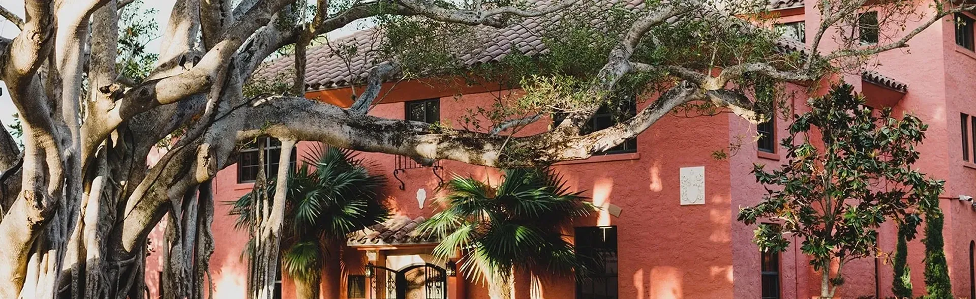 Exterior view of Thalatta Estate with palm trees, a golf course, and a clubhouse