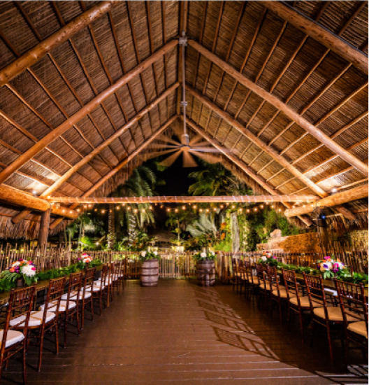 Outdoor ceremony setup at Schnebly Redland’s Winery surrounded by lush tropical greenery, wooden chairs, and a geometric arch at the aisle front