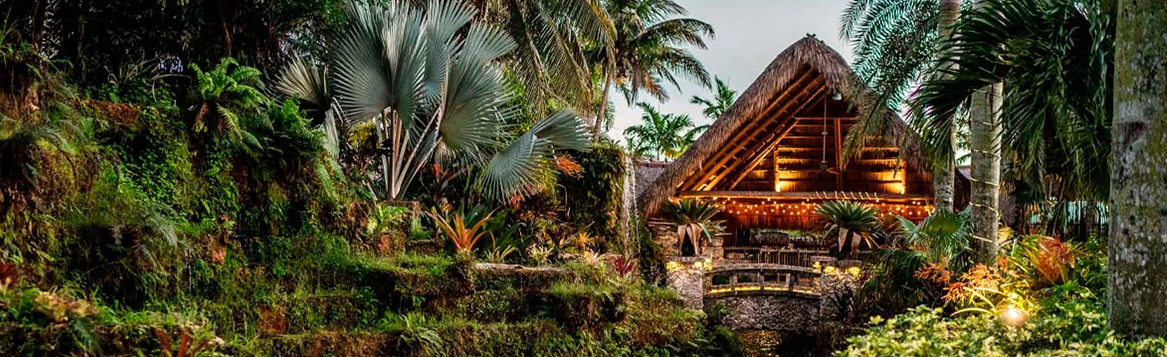 Wedding ceremony at Nova 535 with the couple exchanging vows surrounded by bridesmaids, groomsmen, and lush tropical greenery